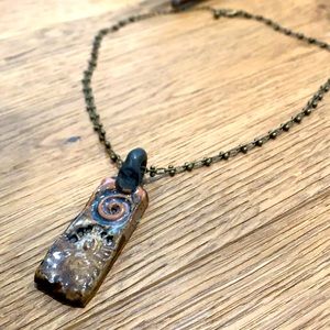 Handcrafted Pottery Pendant Necklace With Antique Brass Chain